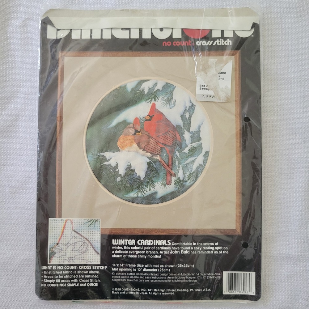 Dimensions 14x14 Cross Stitch Kit Red Bird Winter Scene CARDINALS 1990 Love Bird